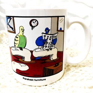 80s Gary Larson The Far Side Comic Mug "Parakeet Furniture"